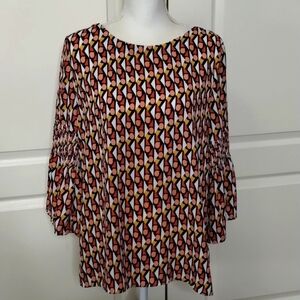 Como Blue women's large geometric print ruffle sleeve blouse v-back